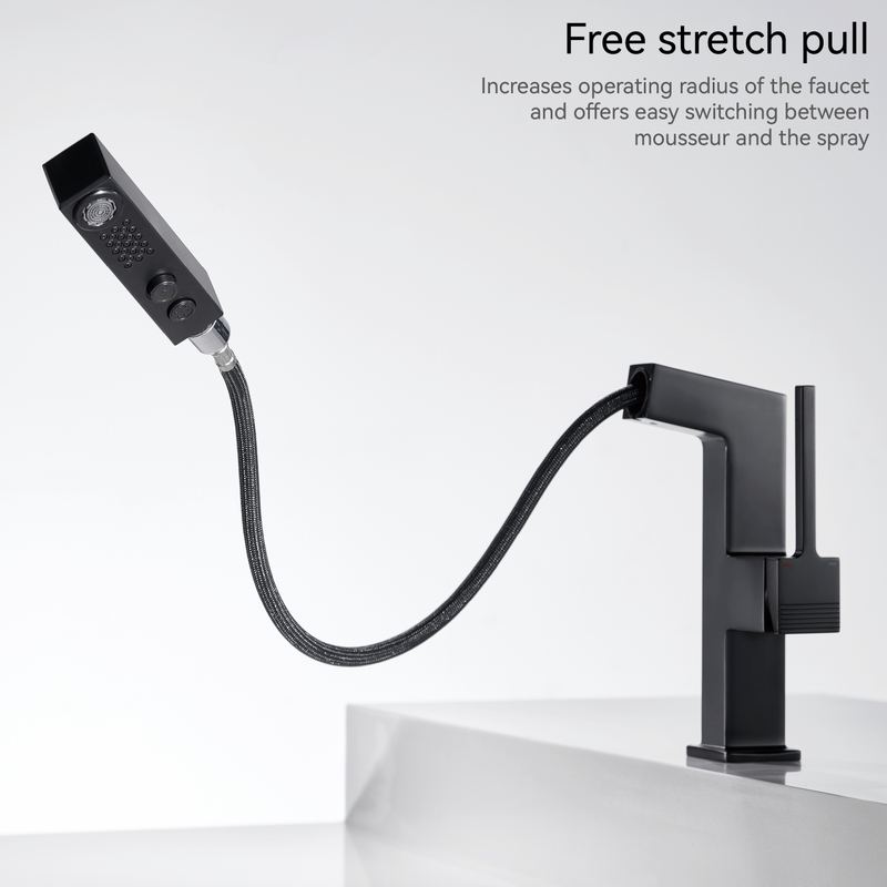 Robinets de salle de bain samliyu pour lavabo 1 trou, robinet de lavabo de salle de bain à poignée unique avec 2 modes, rotaty à 360 ° avec pulvérisateur de traction, robinet de salle de bain moderne noir BF04006-n1-mb