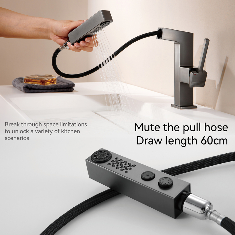 Robinets de salle de bain samliyu pour lavabo 1 trou, robinet de lavabo de salle de bain à poignée unique avec 2 modes, rotaty à 360 ° avec pulvérisateur de traction, pistolet de salle de bain moderne pistolet gris bf04006-n1-bgm
