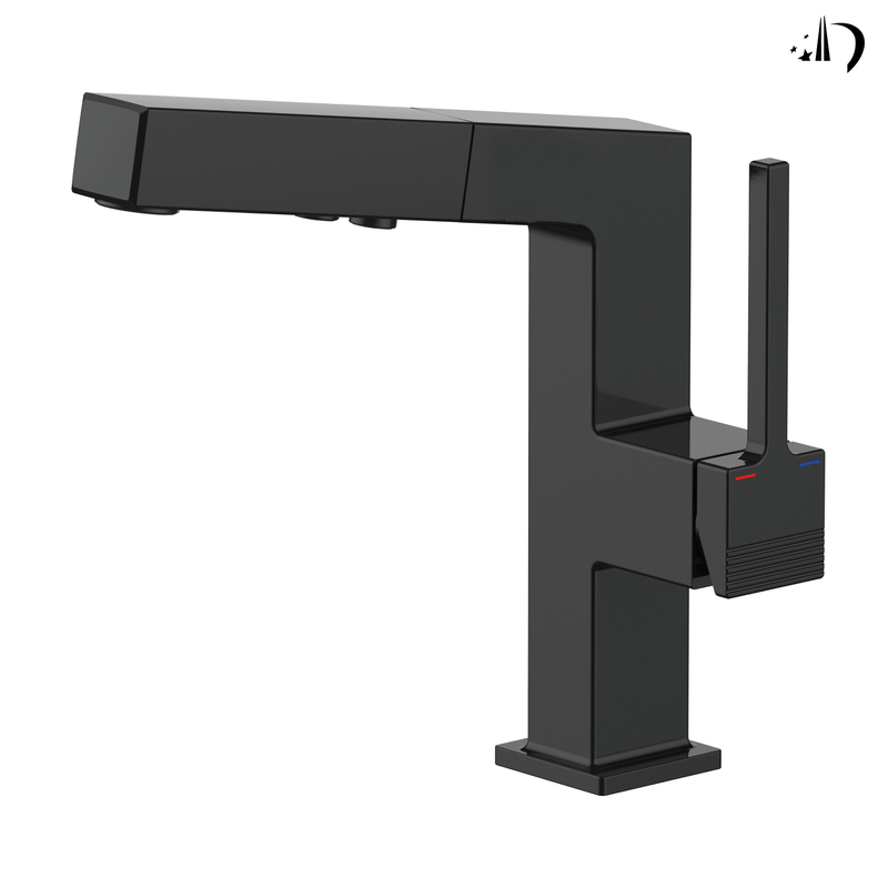 Robinets de salle de bain samliyu pour lavabo 1 trou, robinet de lavabo de salle de bain à poignée unique avec 2 modes, rotaty à 360 ° avec pulvérisateur de traction, robinet de salle de bain moderne noir BF04006-n1-mb