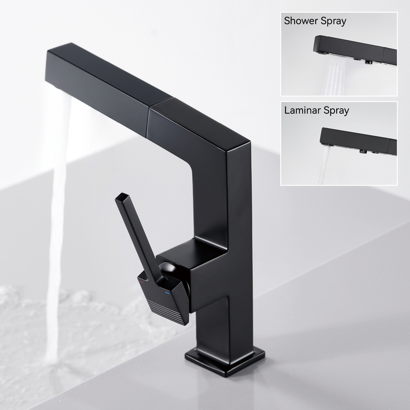 Robinets de salle de bain samliyu pour lavabo 1 trou, robinet de lavabo de salle de bain à poignée unique avec 2 modes, rotaty à 360 ° avec pulvérisateur de traction, robinet de salle de bain moderne noir BF04006-n1-mb