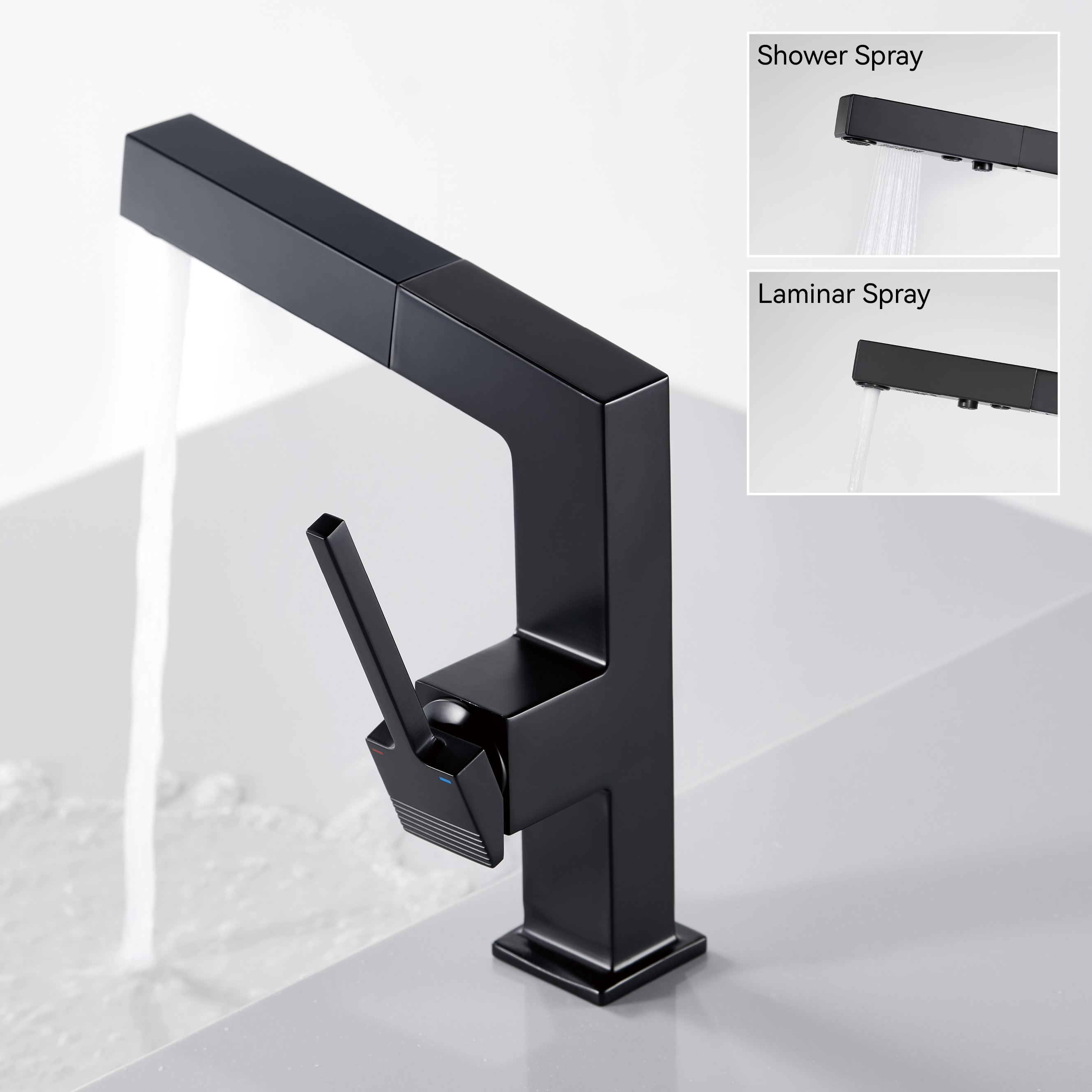 Robinets de salle de bain samliyu pour lavabo 1 trou, robinet de lavabo de salle de bain à poignée unique avec 2 modes, rotaty à 360 ° avec pulvérisateur de traction, robinet de salle de bain moderne noir BF04006-n1-mb