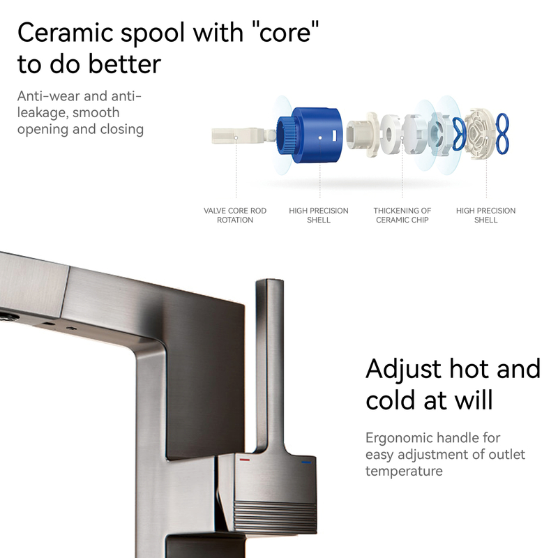 Robinets de salle de bain samliyu pour lavabo 1 trou, robinet de lavabo de salle de bain à poignée unique avec 2 modes, rotaty à 360 ° avec pulvérisateur de traction, pistolet de salle de bain moderne pistolet gris bf04006-n1-bgm