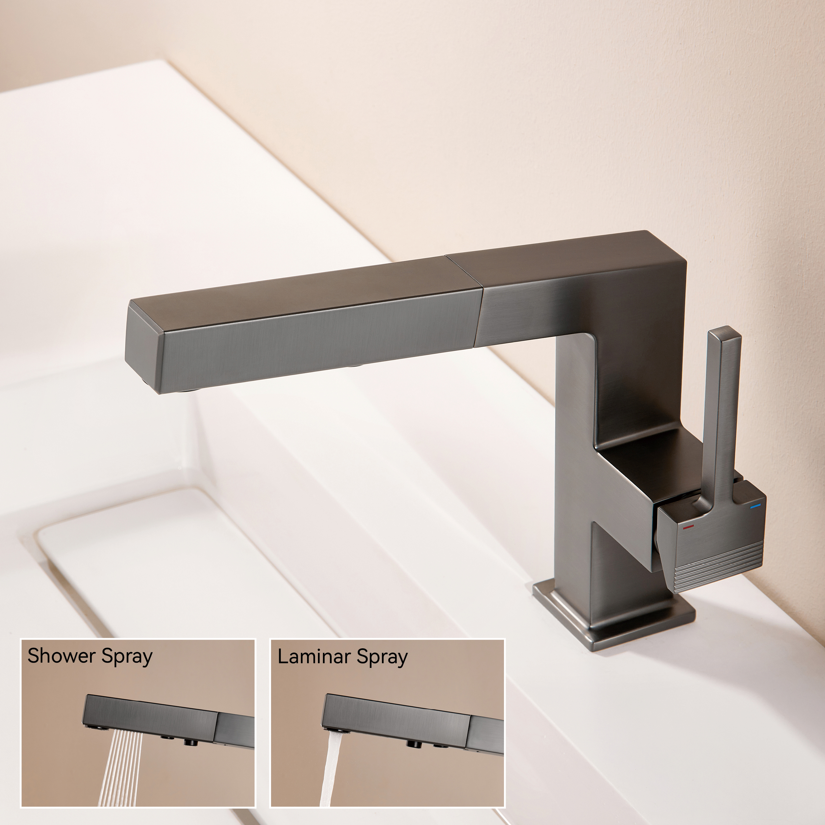 Robinets de salle de bain samliyu pour lavabo 1 trou, robinet de lavabo de salle de bain à poignée unique avec 2 modes, rotaty à 360 ° avec pulvérisateur de traction, pistolet de salle de bain moderne pistolet gris bf04006-n1-bgm