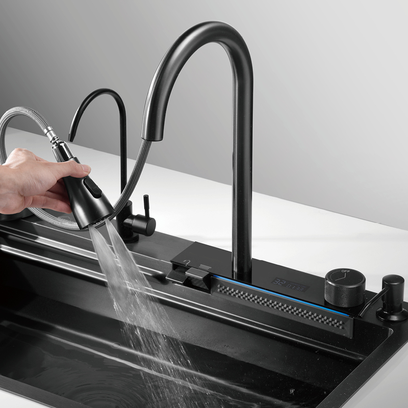 Samliyu Kitchen Waterfall Under the Home Large Single évier S.S304 Brossé pistolet Metal Sinon Key Shark Discffichage numérique Flying Rain Robinet