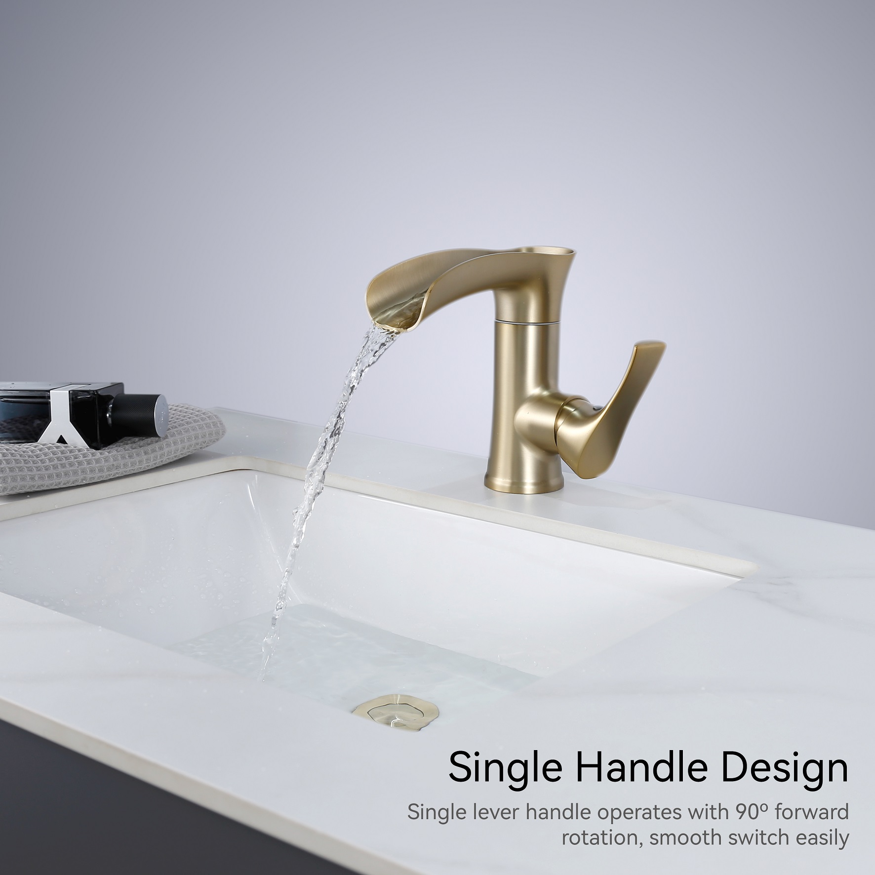 Sly PPA Rose Gold Waterfall Design Salle Bathroom Deck Perk Mounted Hole Wash Basin Hand Basin et robinets Robinet