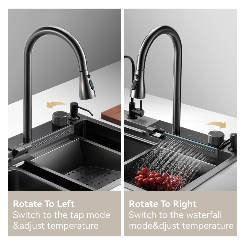 Samliyu Kitchen Waterfall Under the Home Large Single évier S.S304 Brossé pistolet Metal Sinon Key Shark Discffichage numérique Flying Rain Robinet