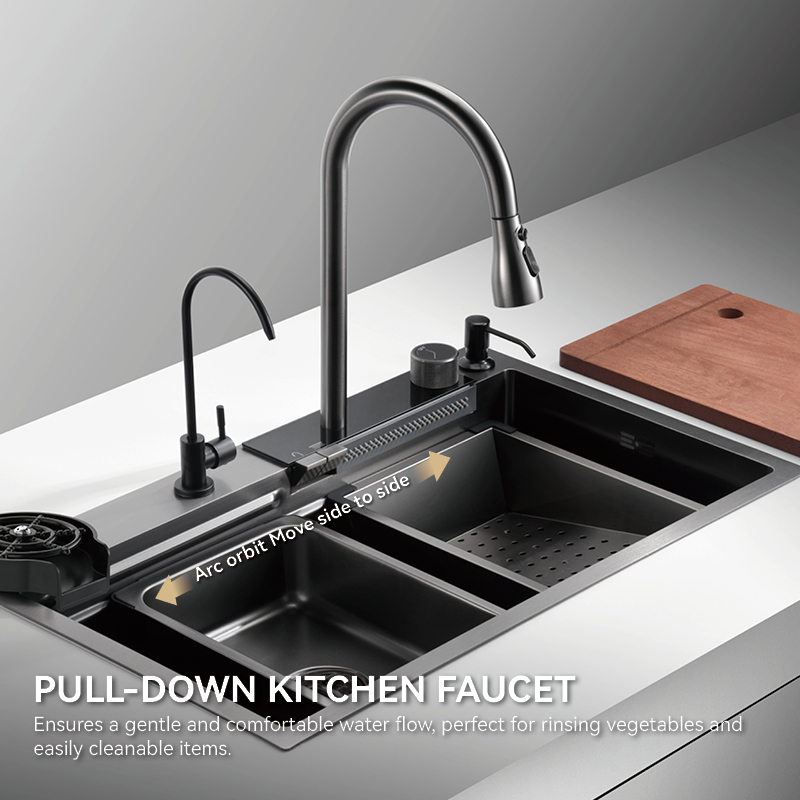 Samliyu Kitchen Waterfall Under the Home Large Single évier S.S304 Brossé pistolet Metal Sinon Key Shark Discffichage numérique Flying Rain Robinet