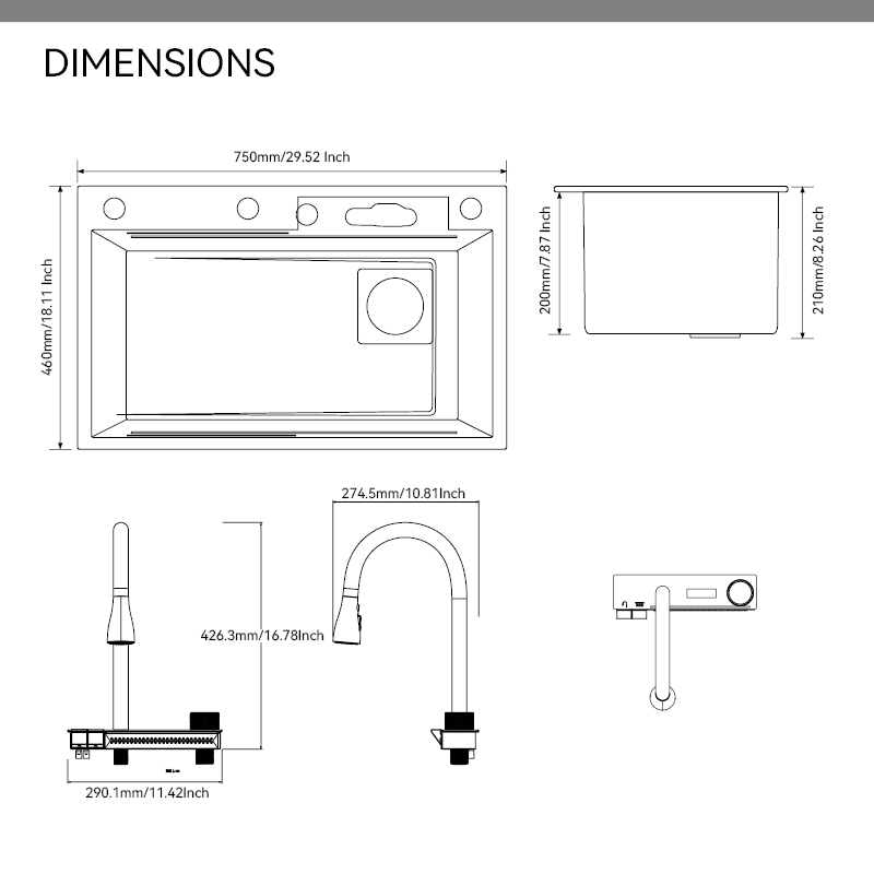 Samliyu Kitchen Waterfall Under the Home Large Single évier S.S304 Brossé pistolet Metal Sinon Key Shark Discffichage numérique Flying Rain Robinet