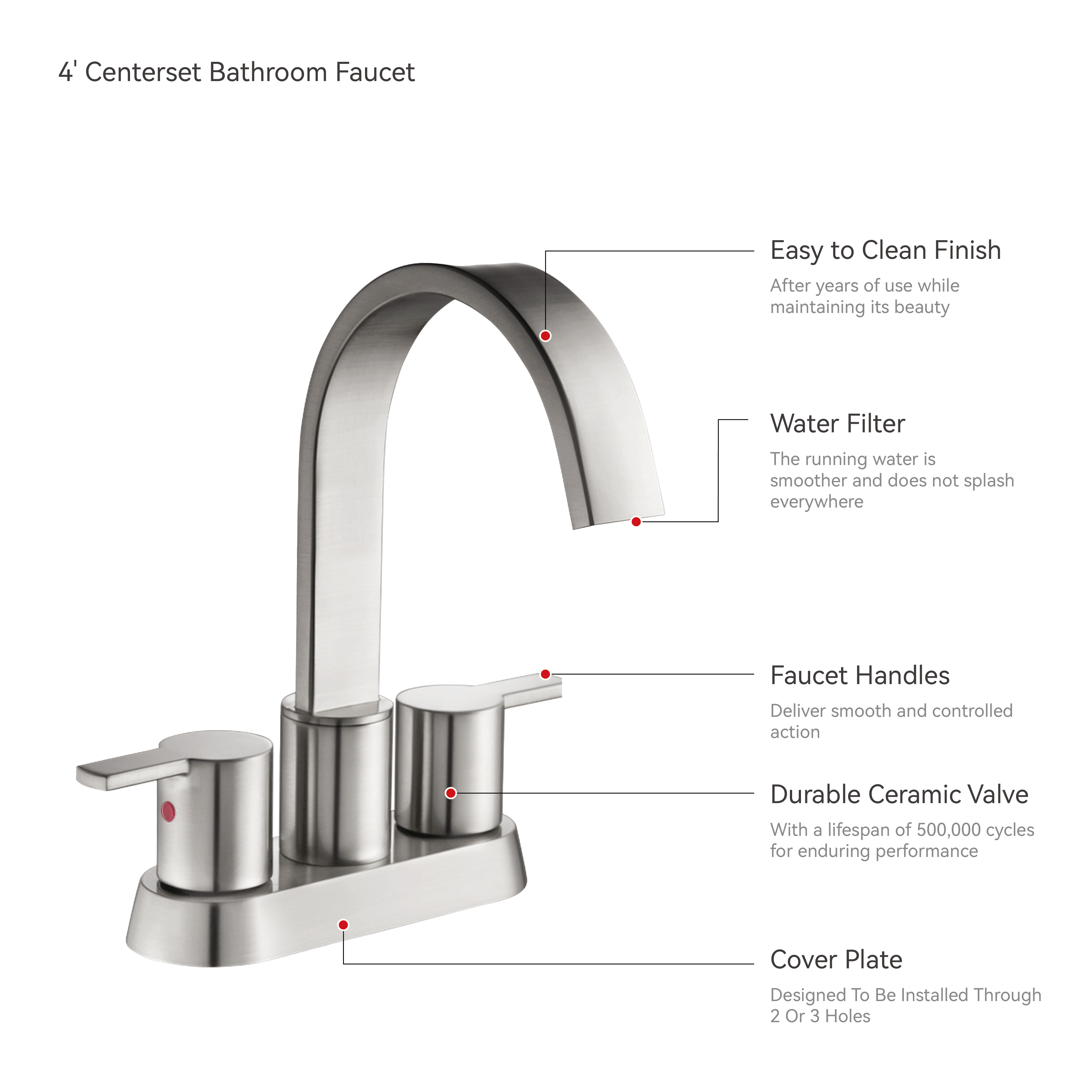 Robinette de lavabo moderne brossé sournois robette de salle de bain de salle de bain robinet de salle de bain à 3 trous