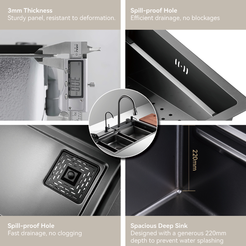 Samliyu Kitchen Waterfall Under the Home Large Single évier S.S304 Brossé pistolet Metal Sinon Key Shark Discffichage numérique Flying Rain Robinet